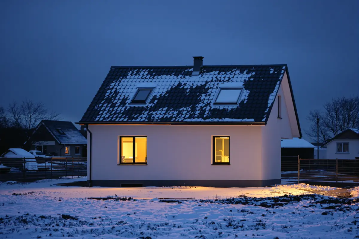 Nowy dom zimą o zmierzchu, ze śniegiem na dachu i działce oraz światłem w dwóch oknach parteru