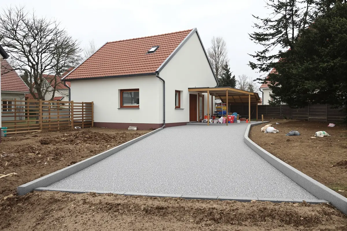 Podjazd przed ułożeniem wierzchu: zagęszczona warstwa kruszywa ujęta w betonowe obrzeża