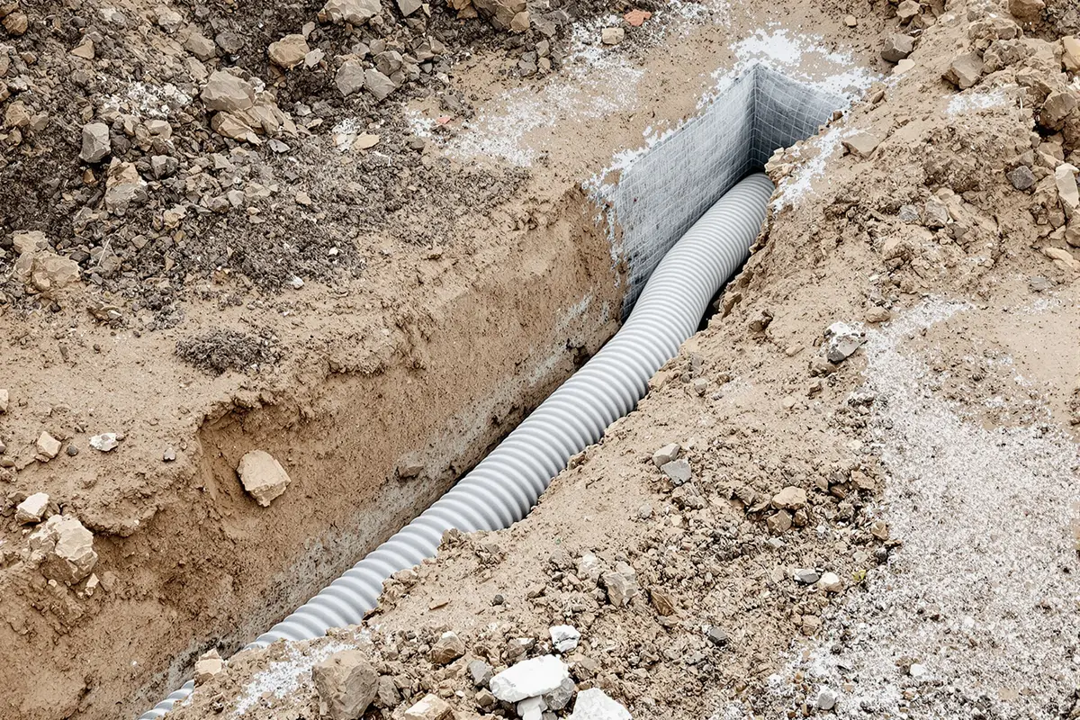 Wąski wykop w gruncie z ułożoną karbowaną rurą, odkład ziemi wzdłuż krawędzi
