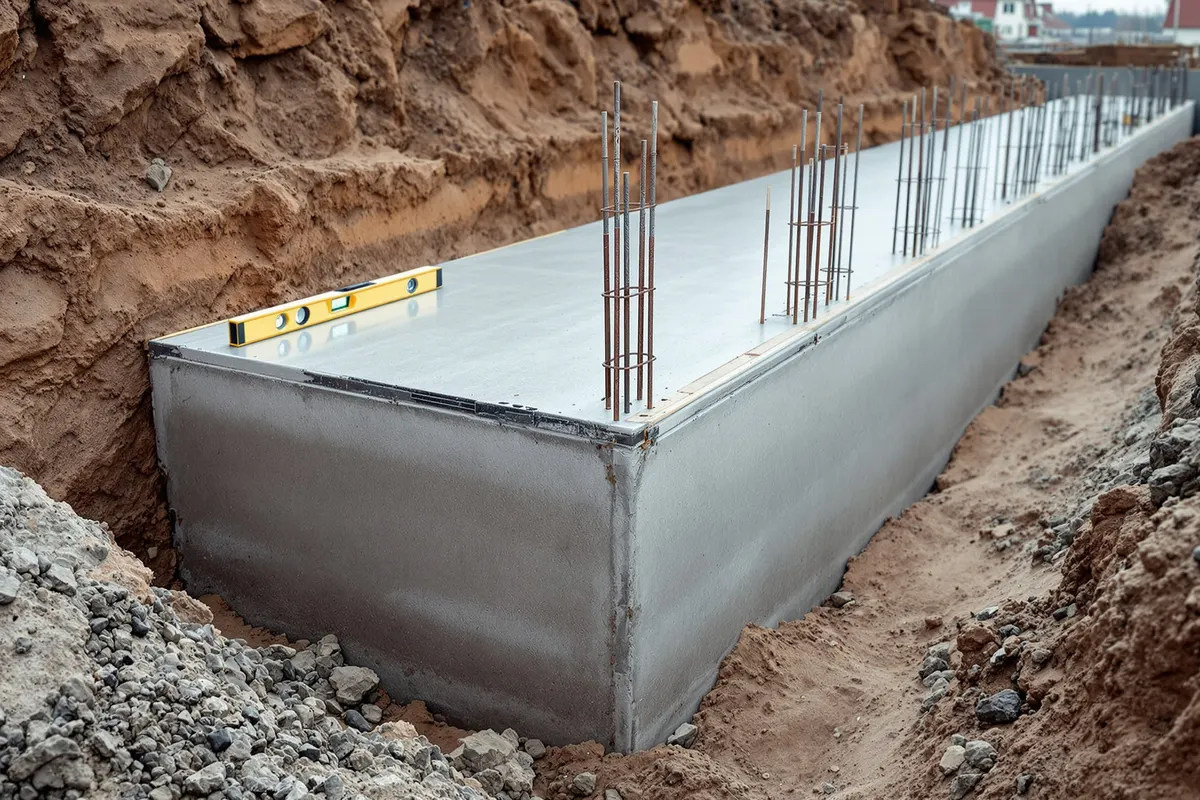 Betonowy fundament w wykopie z wypuszczonymi prętami startowymi pod ściany