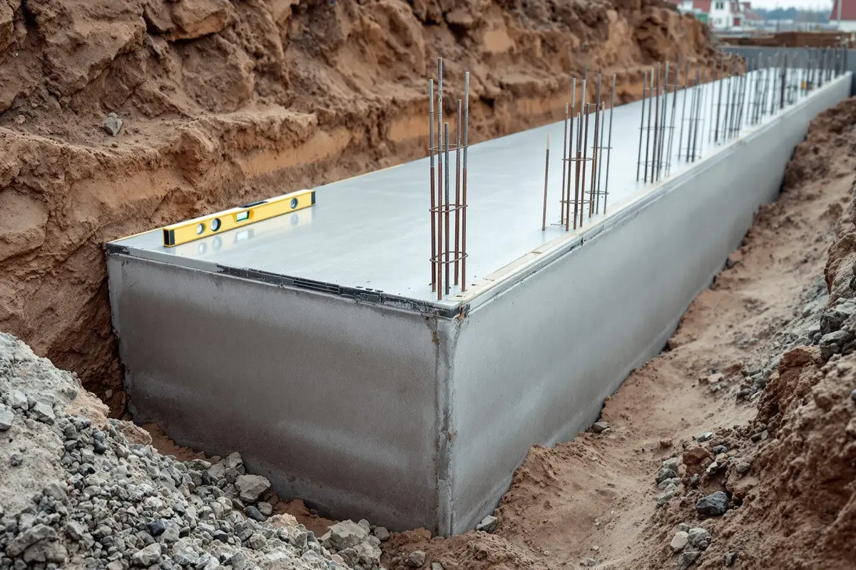 Betonowy fundament w wykopie z wypuszczonymi prętami startowymi pod ściany
