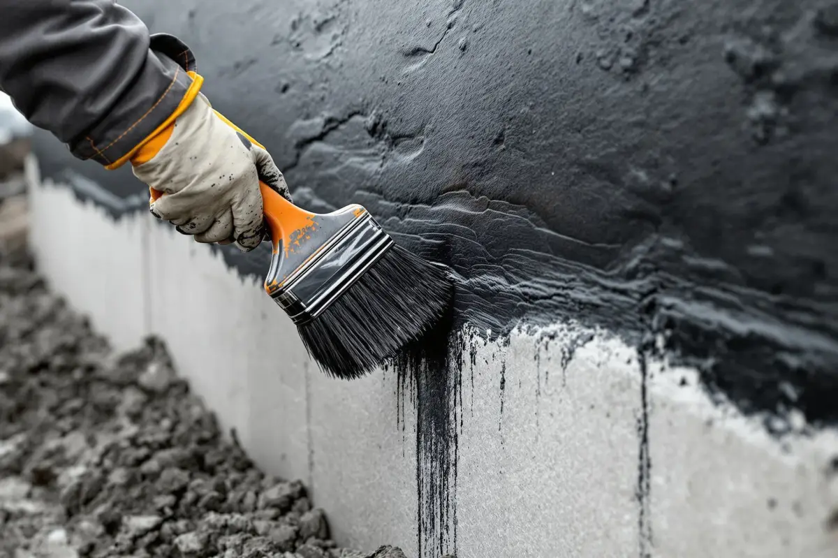 Nakładanie czarnej hydroizolacji powłokowej pędzlem na ścianę fundamentową