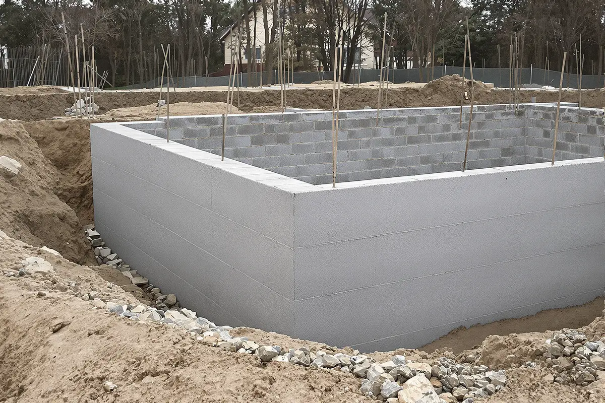 Ściana fundamentowa z bloczków betonowych stojąca na ławie fundamentowej w wykopie