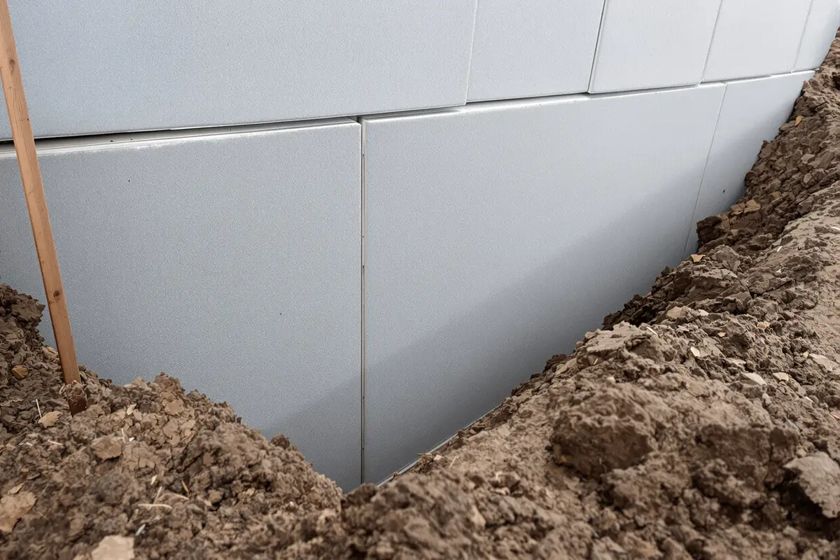 Płyty izolacji ułożone przy ścianie fundamentowej poniżej poziomu gruntu