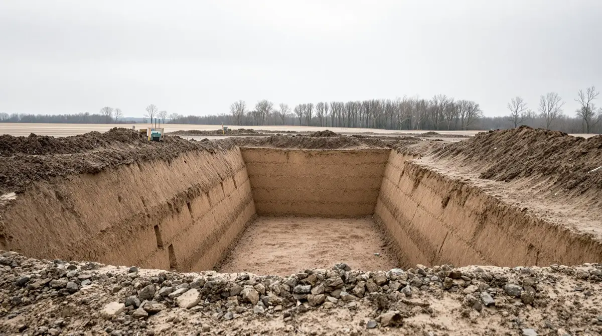 Pusty wykop pod fundamenty domu, ściany z odsłoniętymi warstwami gruntu