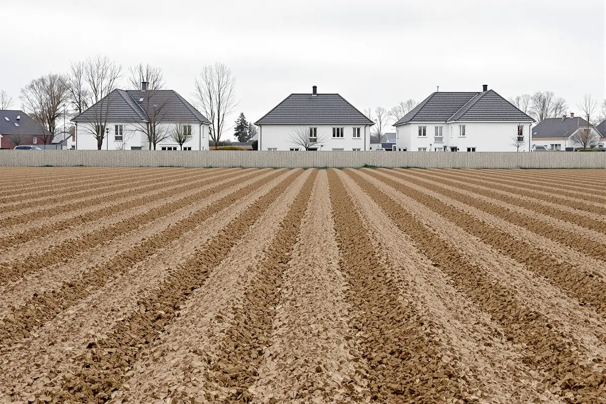 Zaorane pole graniczące z rzędem domów jednorodzinnych