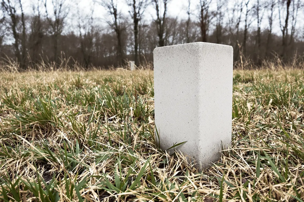 Betonowy słupek graniczny w trawie na rogu niezabudowanej działki