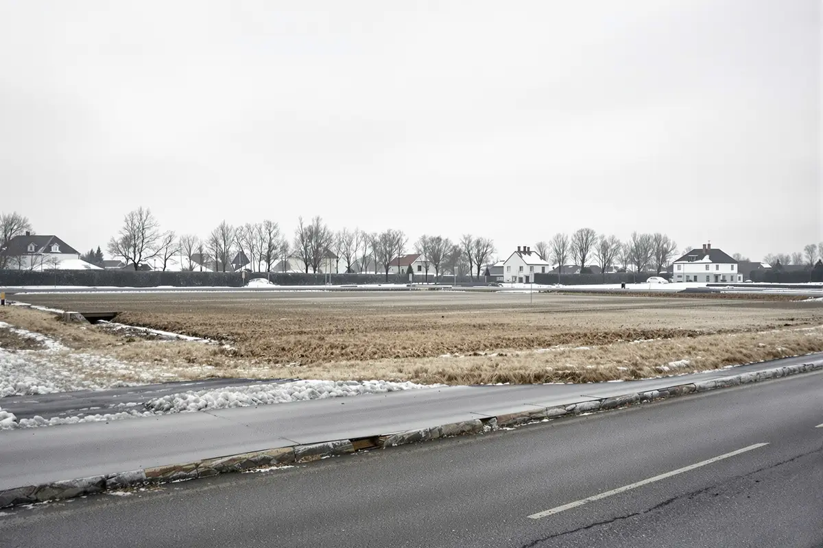 Niezabudowana działka przy asfaltowej drodze publicznej, w rowie przydrożnym betonowy przepust