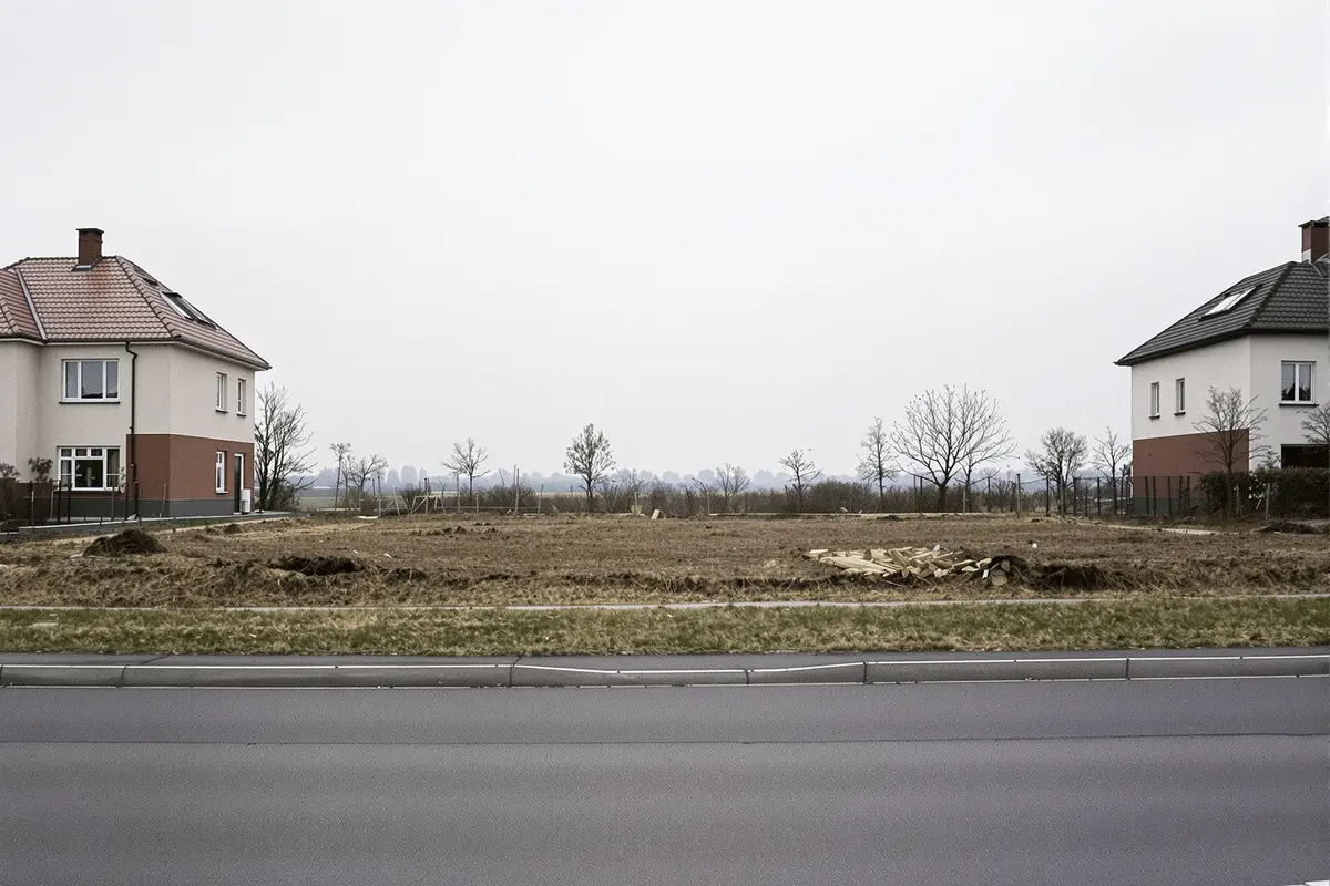 Pusta działka budowlana między dwoma domami stojącymi w równej odległości od drogi