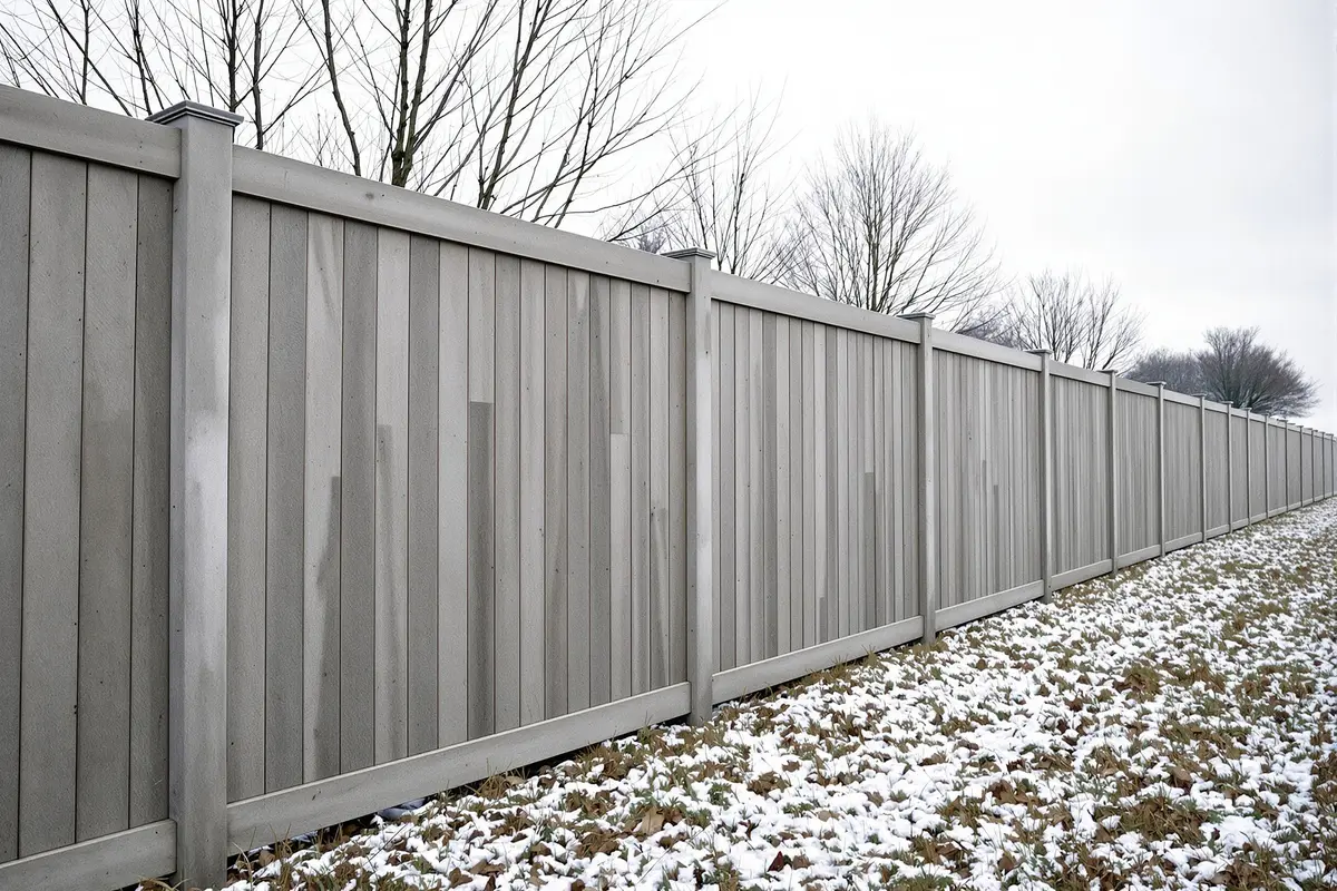 Wysokie pełne ogrodzenie z pionowych desek wzdłuż granicy działki